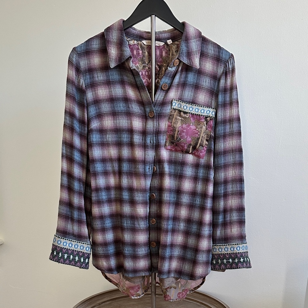 Soft surroundings plaid floral embroidered velvet mix knit blouse XS EUC